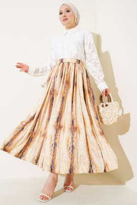 Desenli Pileli Saten Etek Sarı - Thumbnail