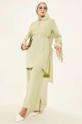 Pazarium - Krinkıl Yarım Fermuarlı İkili Takım Fıstık Yeşili