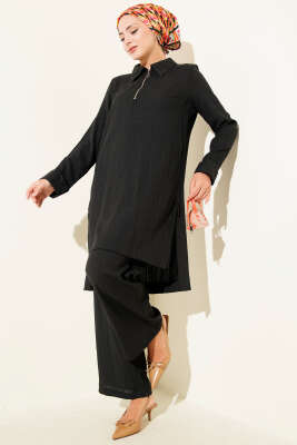 Pazarium - Krinkıl Yarım Fermuarlı İkili Takım Siyah