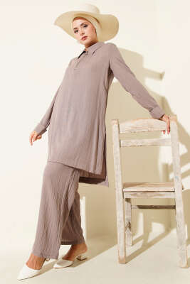 Pazarium - Krinkıl Yarım Fermuarlı İkili Takım Vizon