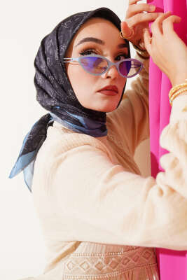 Pazarium - Mini Çiçekli Soft Eşarp Siyah Mavi