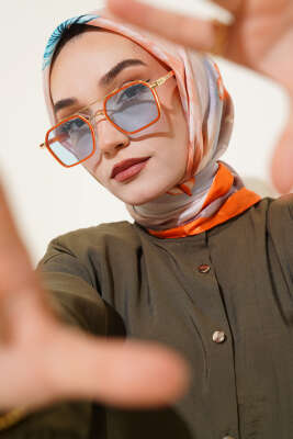 Pazarium - Çiçek Desen Twill Eşarp Oranj