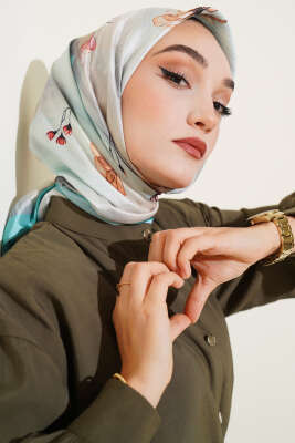 Pazarium - Çiçek Desen Twill Eşarp Mint