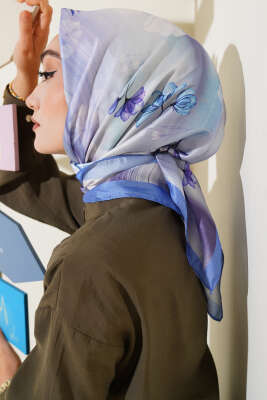 Pazarium - Çiçek Desen Twill Eşarp Mavi