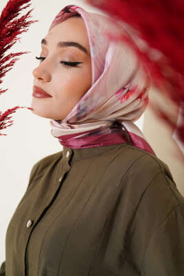 Pazarium - Çiçek Desen Twill Eşarp Magenta