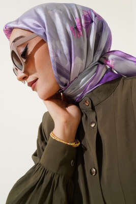 Pazarium - Çiçek Desen Twill Eşarp Lila