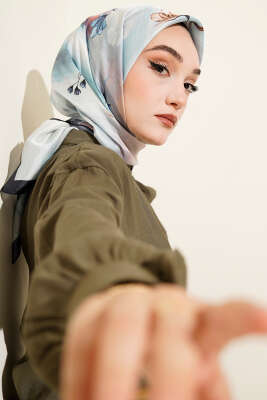 Pazarium - Çiçek Desen Twill Eşarp Lacivert