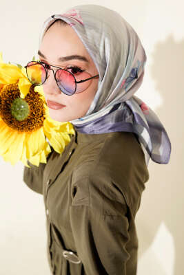 Pazarium - Çiçek Desen Twill Eşarp Kayrak Grisi