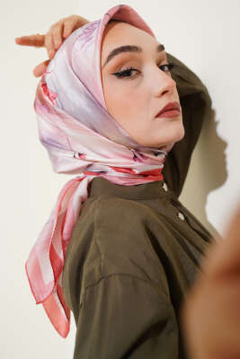 Pazarium - Çiçek Desen Twill Eşarp Gül Kurusu