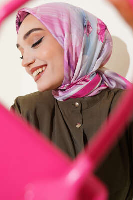 Pazarium - Çiçek Desen Twill Eşarp Fuşya