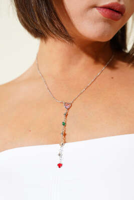 Pazarium - Kalp Taşlı Y Kolye Gümüş