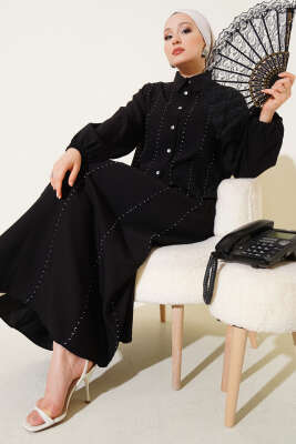 Pazarium - Önü Dikiş Detaylı Etekli İkili Takım Siyah