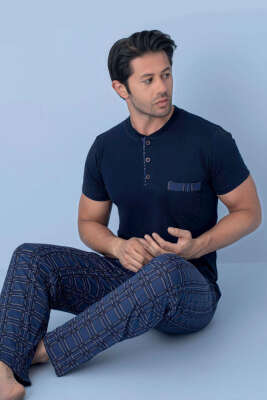 Pazarium - Göğüs Cep Detaylı Kısa Kol Erkek Pijama Lacivert