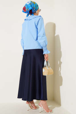 Bebe Yaka Nakışlı Bağlamalı Bluz Mavi - Thumbnail