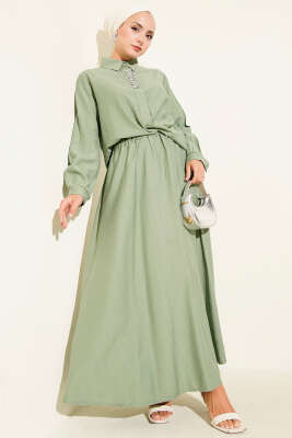 Taş Süslemeli Etekli İkili Takım Çağla Yeşili - Thumbnail