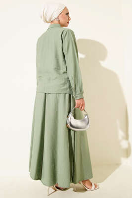 Taş Süslemeli Etekli İkili Takım Çağla Yeşili - Thumbnail