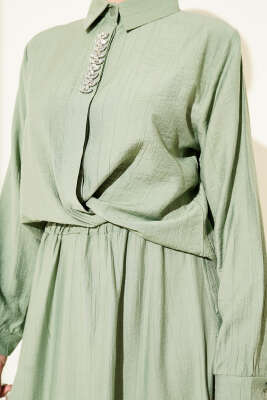 Taş Süslemeli Etekli İkili Takım Çağla Yeşili - Thumbnail