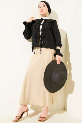 Bebe Yaka Nakışlı Bağlamalı Bluz Siyah - Thumbnail