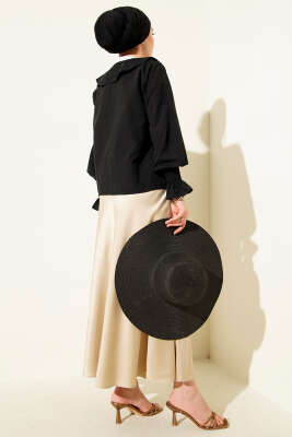 Bebe Yaka Nakışlı Bağlamalı Bluz Siyah - Thumbnail