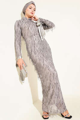 Pazarium - Püsküllü Pul Payet Abiye Elbise Gri