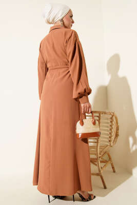 Yarım Düğmeli Beli Tünelli Elbise Taba - Thumbnail