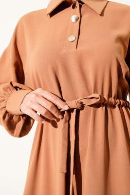 Yarım Düğmeli Beli Tünelli Elbise Taba - Thumbnail