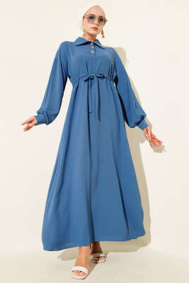 Pazarium - Yarım Düğmeli Beli Tünelli Elbise İndigo