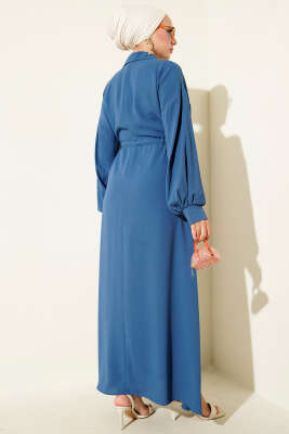 Yarım Düğmeli Beli Tünelli Elbise İndigo - Thumbnail