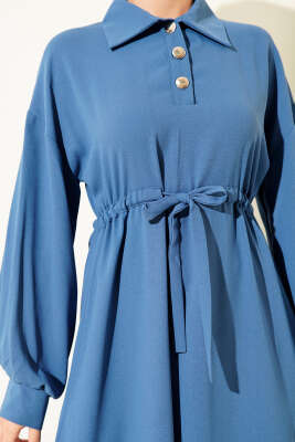 Yarım Düğmeli Beli Tünelli Elbise İndigo - Thumbnail