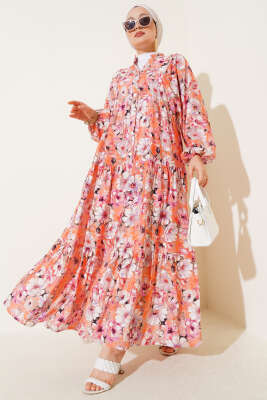 Pazarium - Çiçek Desenli Kloş Elbise Oranj