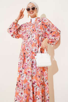 Çiçek Desenli Kloş Elbise Oranj - Thumbnail