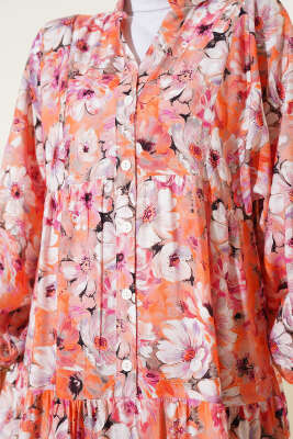 Çiçek Desenli Kloş Elbise Oranj - Thumbnail