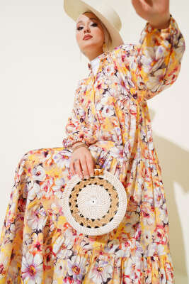 Çiçek Desenli Kloş Elbise Sarı - Thumbnail