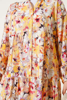 Çiçek Desenli Kloş Elbise Sarı - Thumbnail