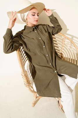 Pazarium - Taş Düğmeli Uzun Tunik Haki