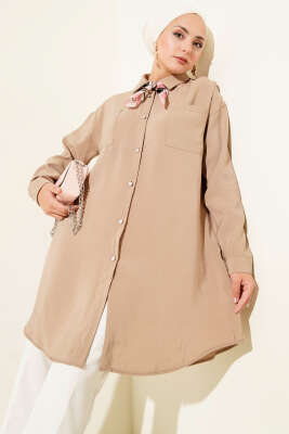 Pazarium - Taş Düğmeli Uzun Tunik Latte