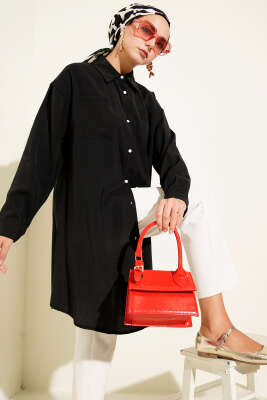 Pazarium - Taş Düğmeli Uzun Tunik Siyah