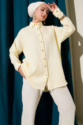 Pazarium - Bilek Düğmeli Basic Gömlek Sarı