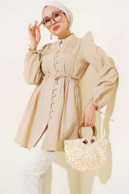 Pazarium - Brit Düğmeli Nervürlü Tunik Latte