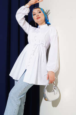 Pazarium - Brit Düğmeli Nervürlü Tunik Beyaz