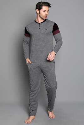 Pazarium - Kol Şeritli Uzun Kol Erkek Pijama Takımı Füme Siyah