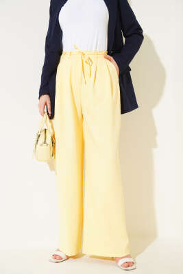 Pazarium - Pile Detaylı İp Kuşaklı Pantolon Sarı