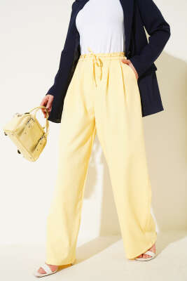 Pile Detaylı İp Kuşaklı Pantolon Sarı - Thumbnail