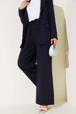 Pile Detaylı İp Kuşaklı Pantolon Lacivert - Thumbnail