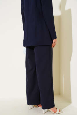 Pile Detaylı İp Kuşaklı Pantolon Lacivert - Thumbnail