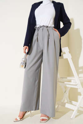 Pazarium - Pile Detaylı İp Kuşaklı Pantolon Gri