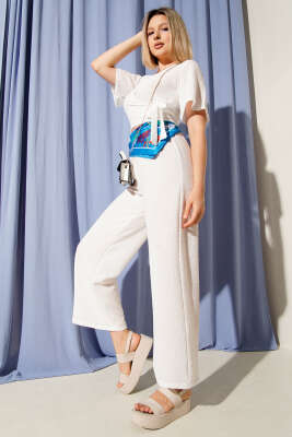 Yandan Bağlamalı Crop İkili Takım Beyaz - Thumbnail