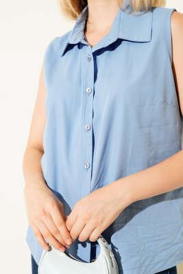 Sıfır Kol Kısa Gömlek Mavi - Thumbnail