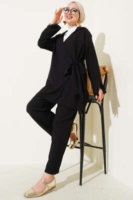Pazarium - Gömlek Yaka Yandan Bağlamalı İkili Takım Siyah
