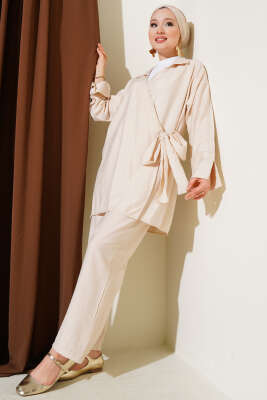 Pazarium - Gömlek Yaka Yandan Bağlamalı İkili Takım Bej